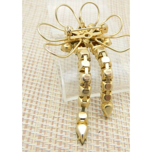 Green Clear Rhinestone Gold Tone Dangle Flower Pin - Picture 3 of 4